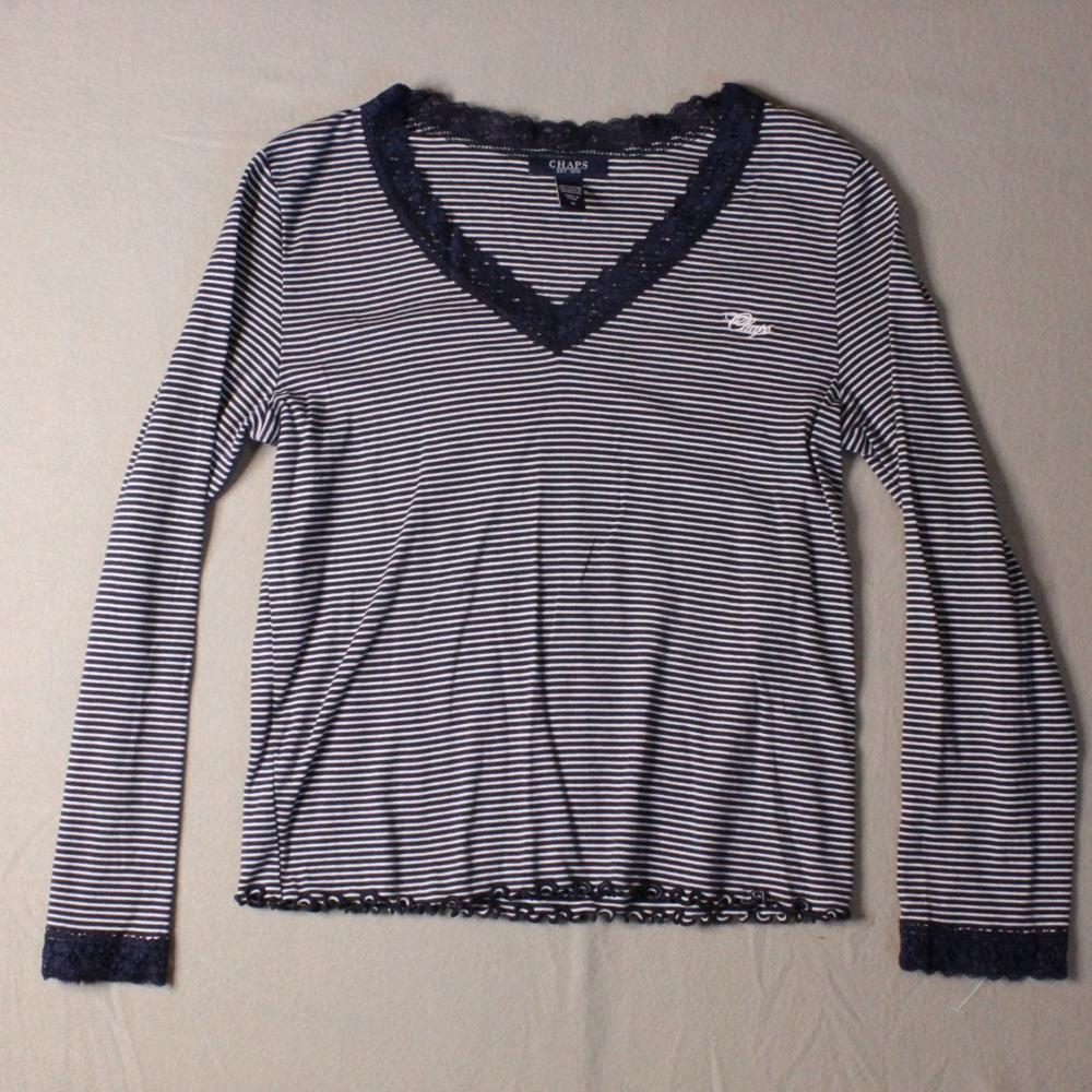 Chaps Womens Size M V Neck Top Navy Blue White Striped Cotton Nautical Boat